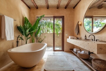Fototapeta premium Bathroom interior with a bathtub and sink, designed with clean lines and simple yet elegant decor, offering a calm, minimalist aesthetic.