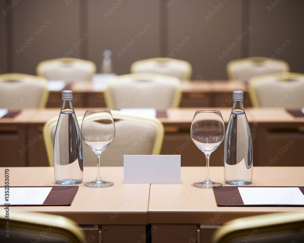 Poster empty conference table setting with water bottles, wine glasses, and blank card, showcasing a profes
