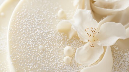 Close-up of a dessert with a white flower on top. the flower is in the center of the image and is made up of multiple petals that are arranged in a circular pattern.