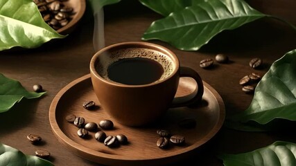 Fresh coffee in brown ceramic cup with roasted beans and green leaves. Natural aromatic beverage. Morning energy boost for cafe or home