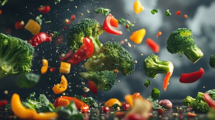 Colorful Vegetables in Motion Against Dark Background