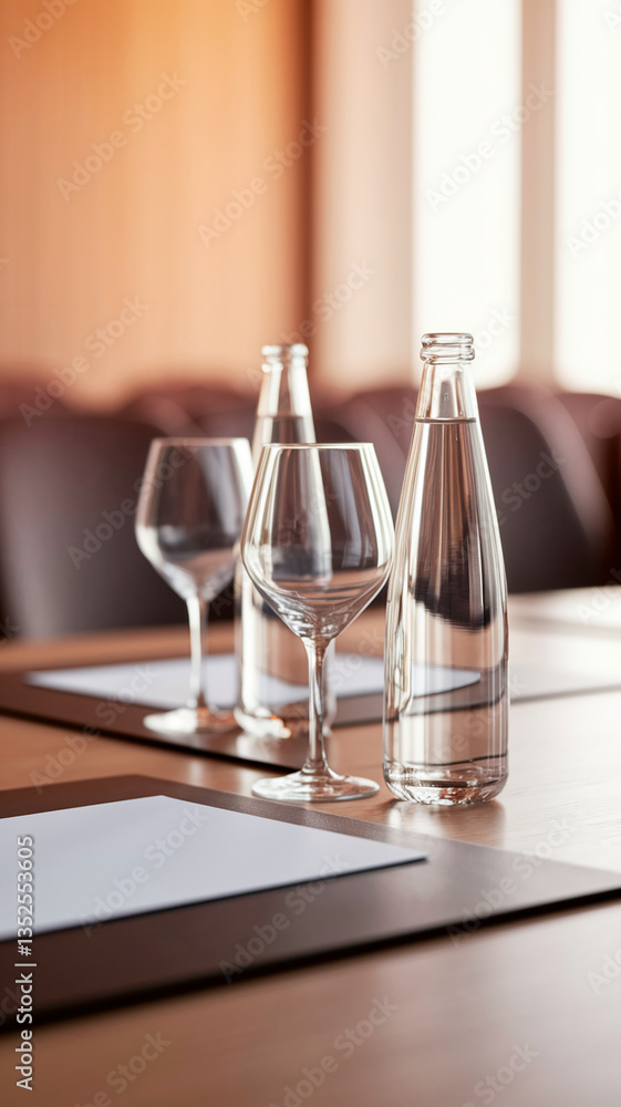 Poster empty wine glasses and a water bottle on a table setting, showcasing a minimalist and clean aestheti