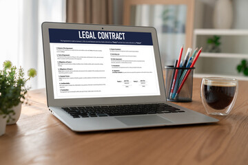 Fototapeta premium Digital legal contract provide terms and conditions document on computer screen ready for online digital signature for deal agreement of future business snugly