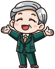 スーツを着た高齢の男性がにっこり笑って両手を大きく広げているベクターイラスト／影ハイライト付き（Vector Illustration of an Elderly Man in a Suit Smiling and Opening Arms Wide / with Shadows and Highlights）