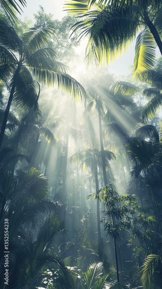 Poster sunlight streams through dense tropical trees in a lush forest environment