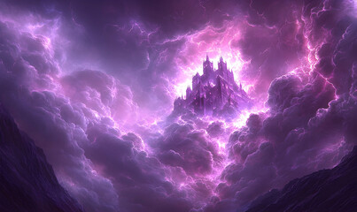 A mystical castle surrounded by swirling purple clouds and lightning, evoking a sense of magic and wonder