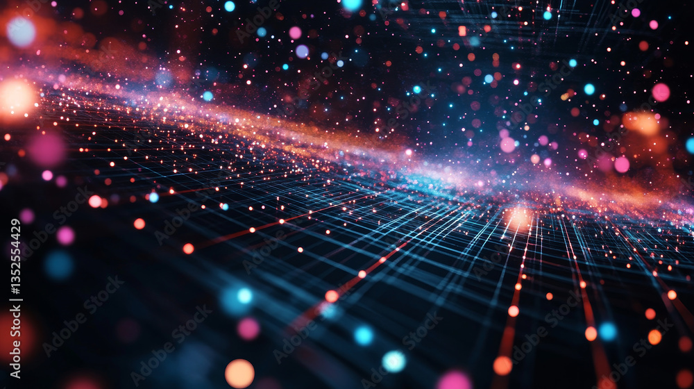 Poster technology digital abstract background, digital matrix particles grid virtual reality abstract cyber