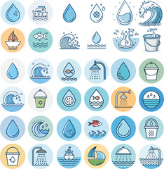 Water Icons Set Editable Stroke Vector Aqua Nature Drop Clean Environment