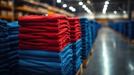Stacks of Red and Blue T-Shirts in Warehouse