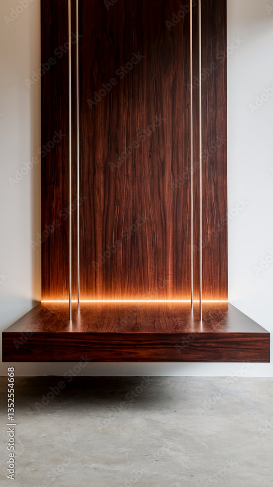 Poster dark brown wood panel with subtle grain, featuring a floating shelf illuminated by warm light below,