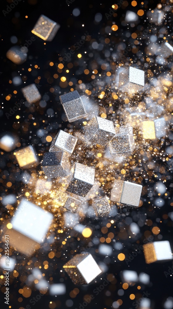 Poster shiny floating metallic cubes and particles with glowing bokeh details