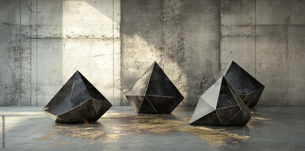 Poster abstract geometric shapes displayed on a concrete floor setting