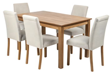 Garden Patio Furniture Set with Wooden Table and Folding Chairs on Plain Surface.