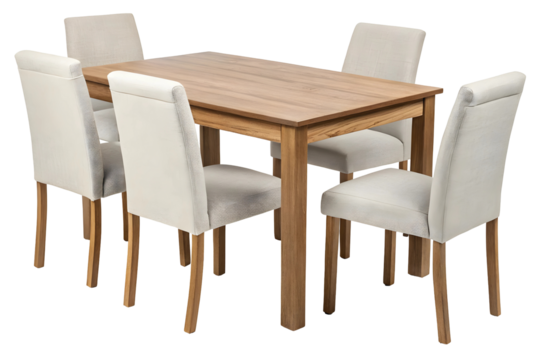 Garden Patio Furniture Set with Wooden Table and Folding Chairs on Plain Surface.