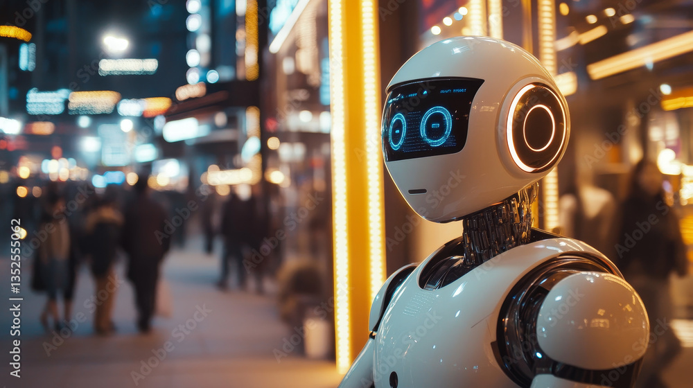 Poster ai chat bot technology concept. asian men are looking at the coming of artificial intelligence techn