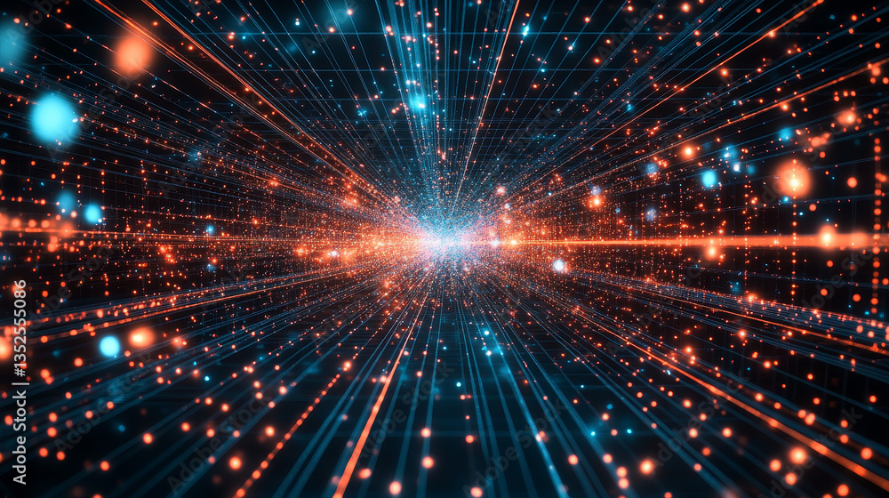 Poster technology digital abstract background, digital matrix particles grid virtual reality abstract cyber