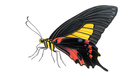Beautiful butterfly with black yellow and red wing isolated on white background. png