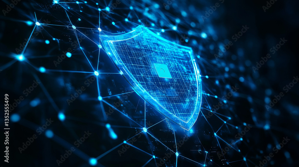 Poster internet security technology and crime prevention the shield protects the connection of blue polygon