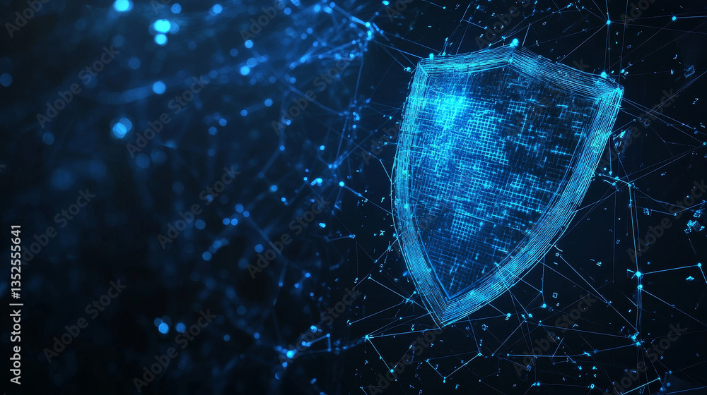 Poster internet security technology and crime prevention the shield protects the connection of blue polygon