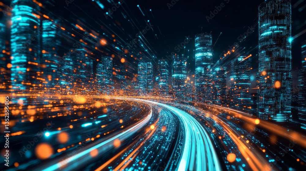 Poster digital city digital cyberspace with particles and digital data network connections, 5g high-speed c