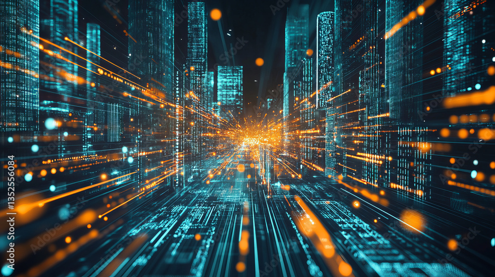Poster digital city digital cyberspace with particles and digital data network connections, 5g high-speed c