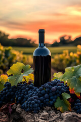 Fototapeta premium Vineyard at sunset showcases a bottle of wine surrounded by ripe grapes and vibrant foliage in serene countryside