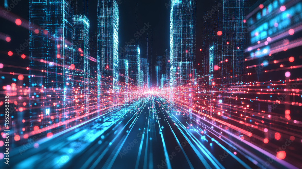 Poster digital city digital cyberspace with particles and digital data network connections, 5g high-speed c