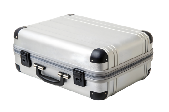 Stylish Travel Luggage with Leather Trim on Neutral Background.