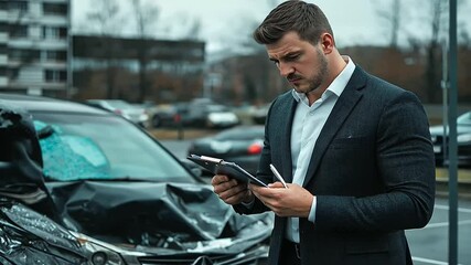 A focused insurance agent holding a pen and marking details on a clipboard, while standing next to a heavily damaged car in a parking lot after an accident.