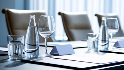 Close-up of water bottles, glasses, and a blank card on a table, suggesting a meeting or conference setup, showcasing professionalism and readiness