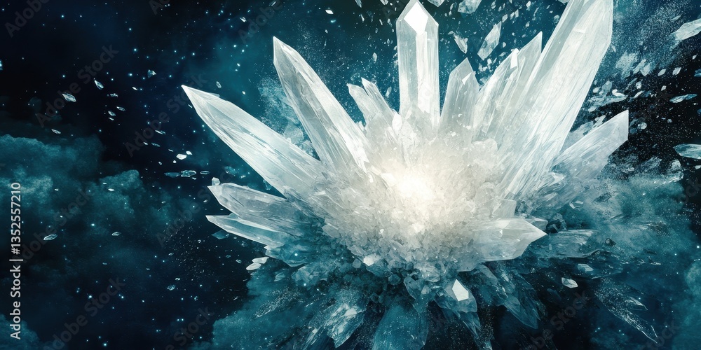 Poster a vibrant cluster of crystals exploding in a darkened universe