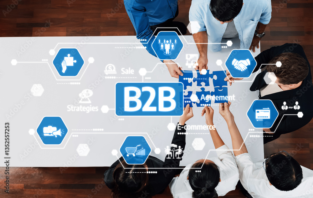 Leinwandbilder Diverse team members collaborate on a B2B agreement using puzzle pieces to symbolize partnership, sales strategies, and e-commerce developments for mutual growth. Amity