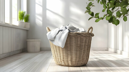 Cozy laundry basket filled with clean white towels in a bright indoor space with natural light