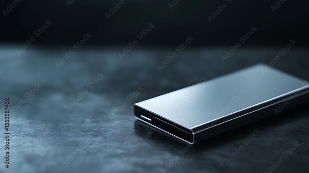 Poster ultra-thin external battery with a sleek metal finish placed in a high-tech and defocused workspace