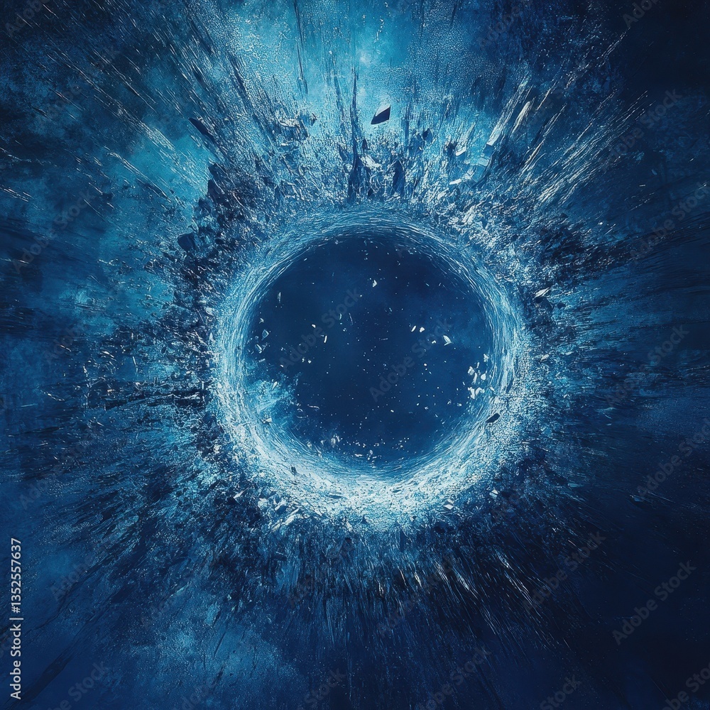 Poster a large hole with shards and a deep blue ethereal backdrop