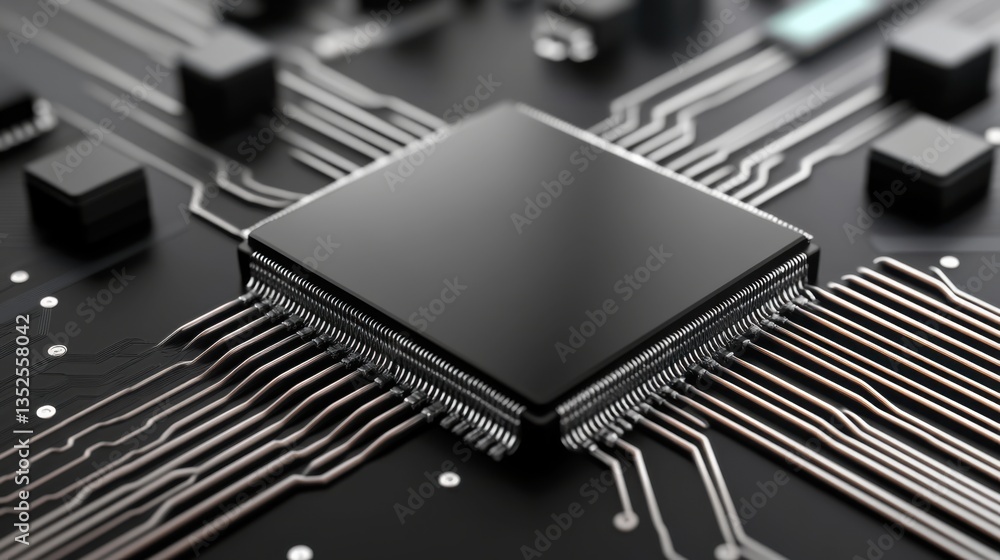 Aufkleber close-up of a microchip surrounded by circuit board design and electrical connections in modern tech