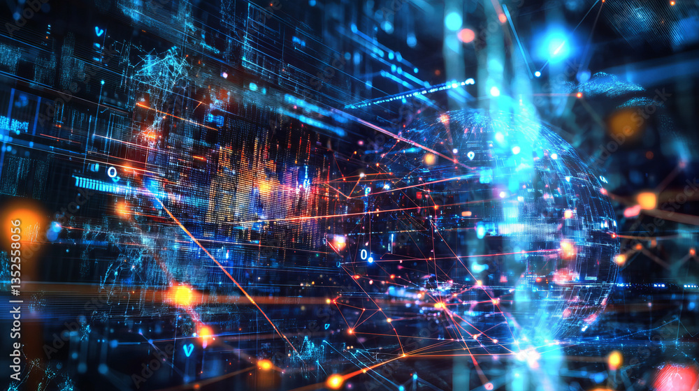 Poster digital cyberspace with particles and digital data network connections concept.