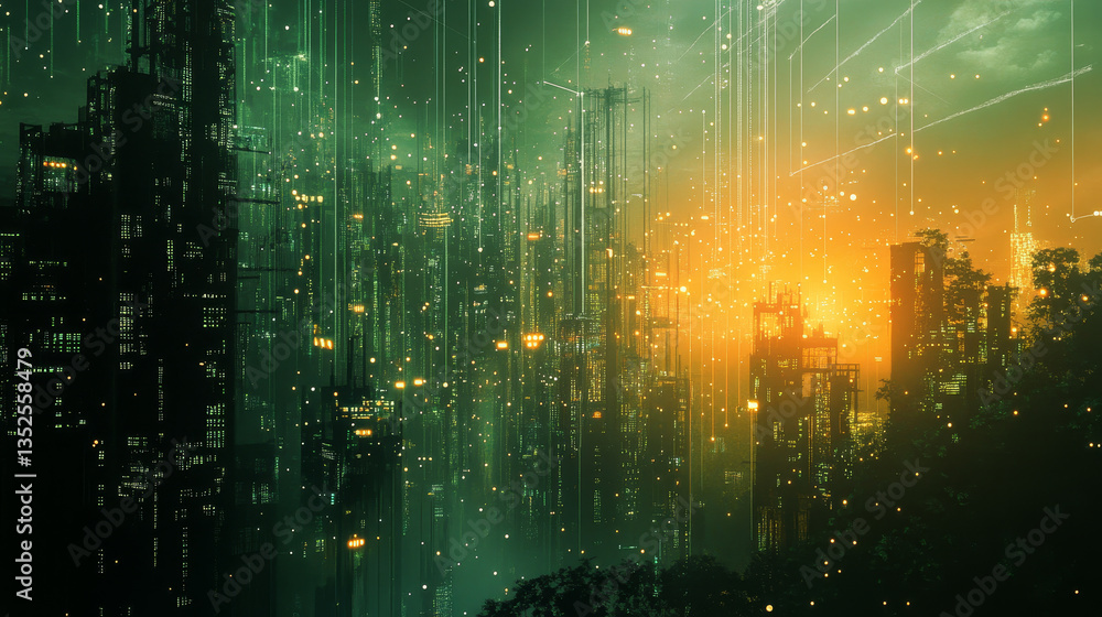 Poster digital cyberspace with particles and digital data network connections background concept.