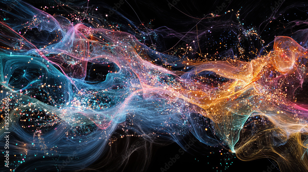 Poster digital cyberspace with particles and digital data network connections background concept.