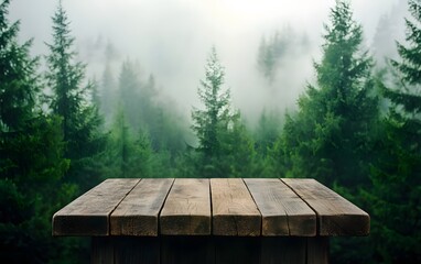 Fototapeta premium A rustic, weathered wood podium standing alone in a misty pine forest