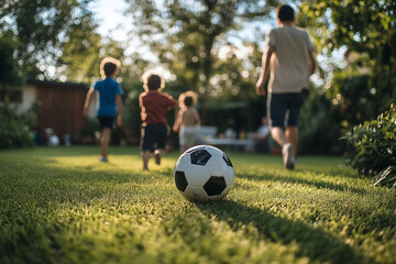 Obraz premium group of children playing soccer in a grassy field. The soccer ball is in the foreground, and the children are running around it