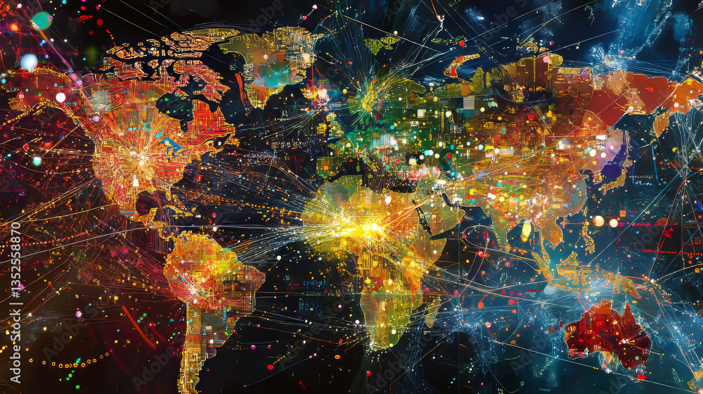 Poster digital cyberspace with particles and digital data network connections background concept.
