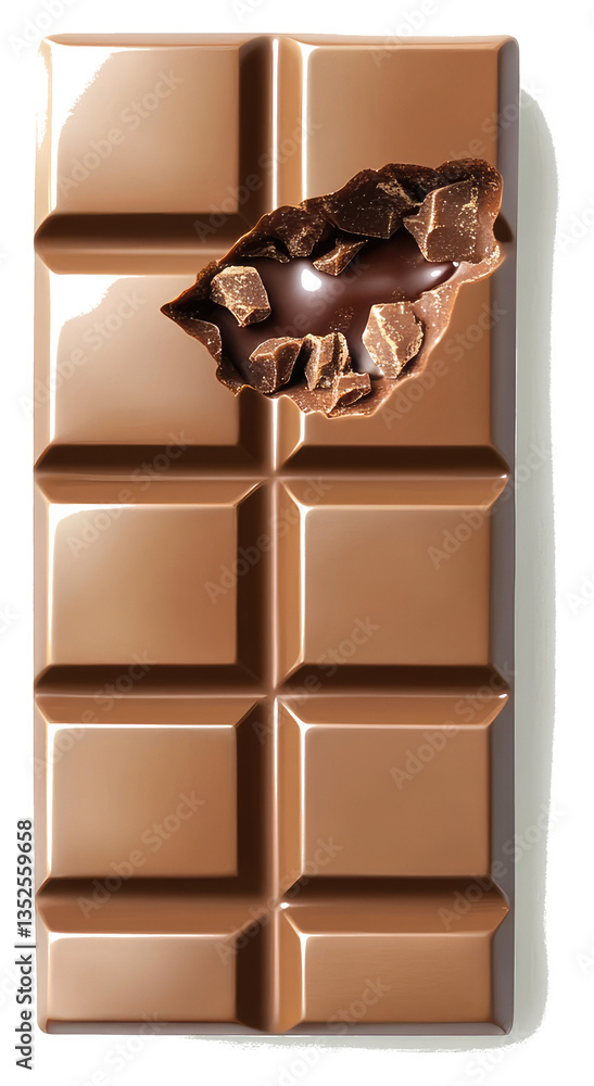 Poster a smooth chocolate bar with a broken section of topping
