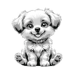 Happy Fluffy Dog Outline Drawing for Kids and Pet Lovers, Cute Cartoon Puppy Vector for Coloring Books and Stickers, Adorable Fluffy Puppy Black and White Line Art Illustration, Vector