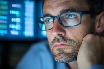 Professional finance analyst closely examining data on computer screen