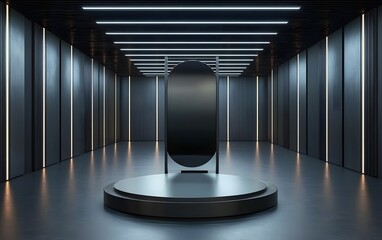 A sleek, reflective black mirror podium, blending into a moody, dark high-tech setting