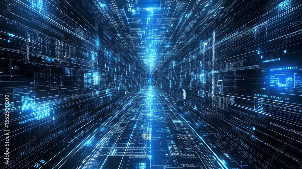 Poster digital cyberspace with particles and digital data network connections, technology digital data abst