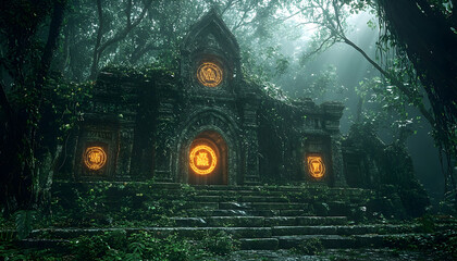Obraz premium Ancient stone temple hidden in a lush jungle, illuminated by mystical glowing symbols, surrounded by dense foliage