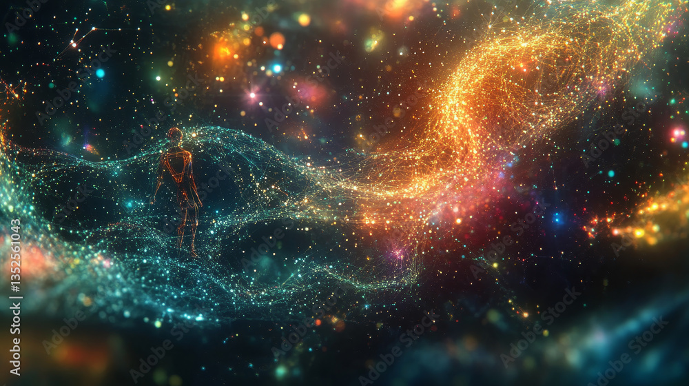 Poster digital tunnel of cyberspace with particles and digital data, technology network connections backgro
