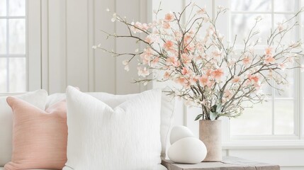 Living room with a large window on the right side. on the left side of the image, there is a white sofa with two pink throw pillows on it.